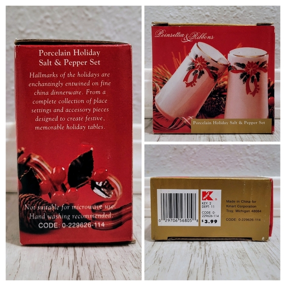 Poinsettia & Ribbons Salt & Pepper Porcelain Shaker Set 3.5" Tall VTG Christmas - Picture 2 of 16